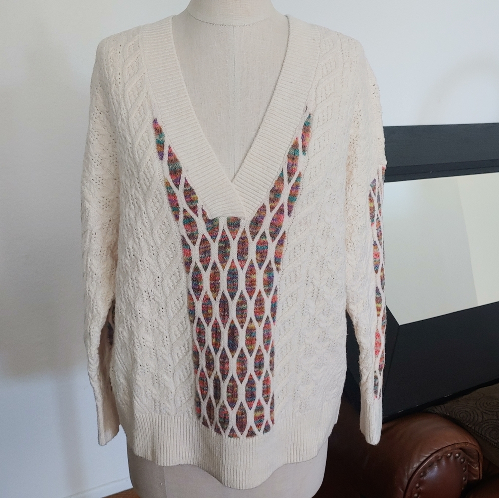 Chenille V-Neck Texture Cable-Knit Sweater in Cream Rainbow